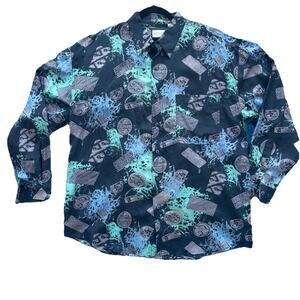 SUMA VTG Retro 90s Silk Shirt Black Purple Blue, Men’s Size Large FLAW